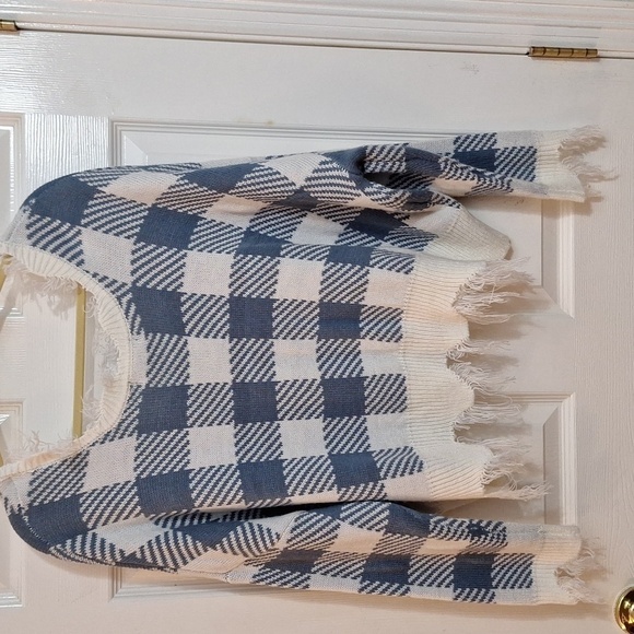 NWOT JUST POLLY New York plaid BLUE WHITE frayed pullover sweater XLG - Picture 9 of 13